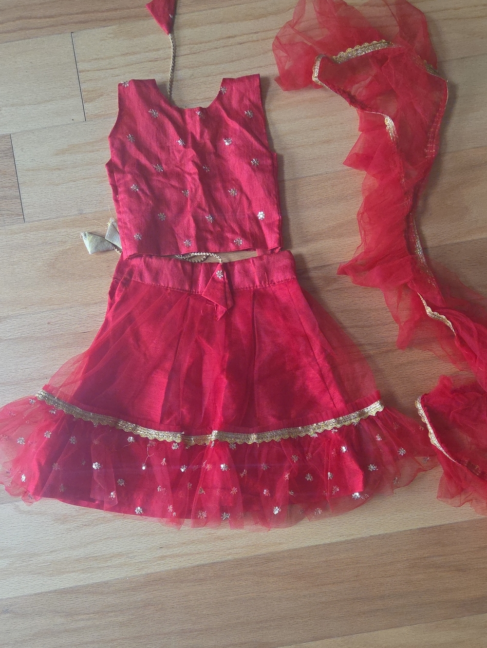 Girls Red Party Lehenga Set with Gold Trim 12 Months